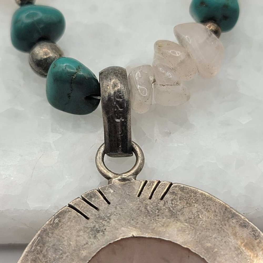 Navajo 925 Sterling Silver Rose Quartz Turquoise Bone Necklace - Picture 4 of 5